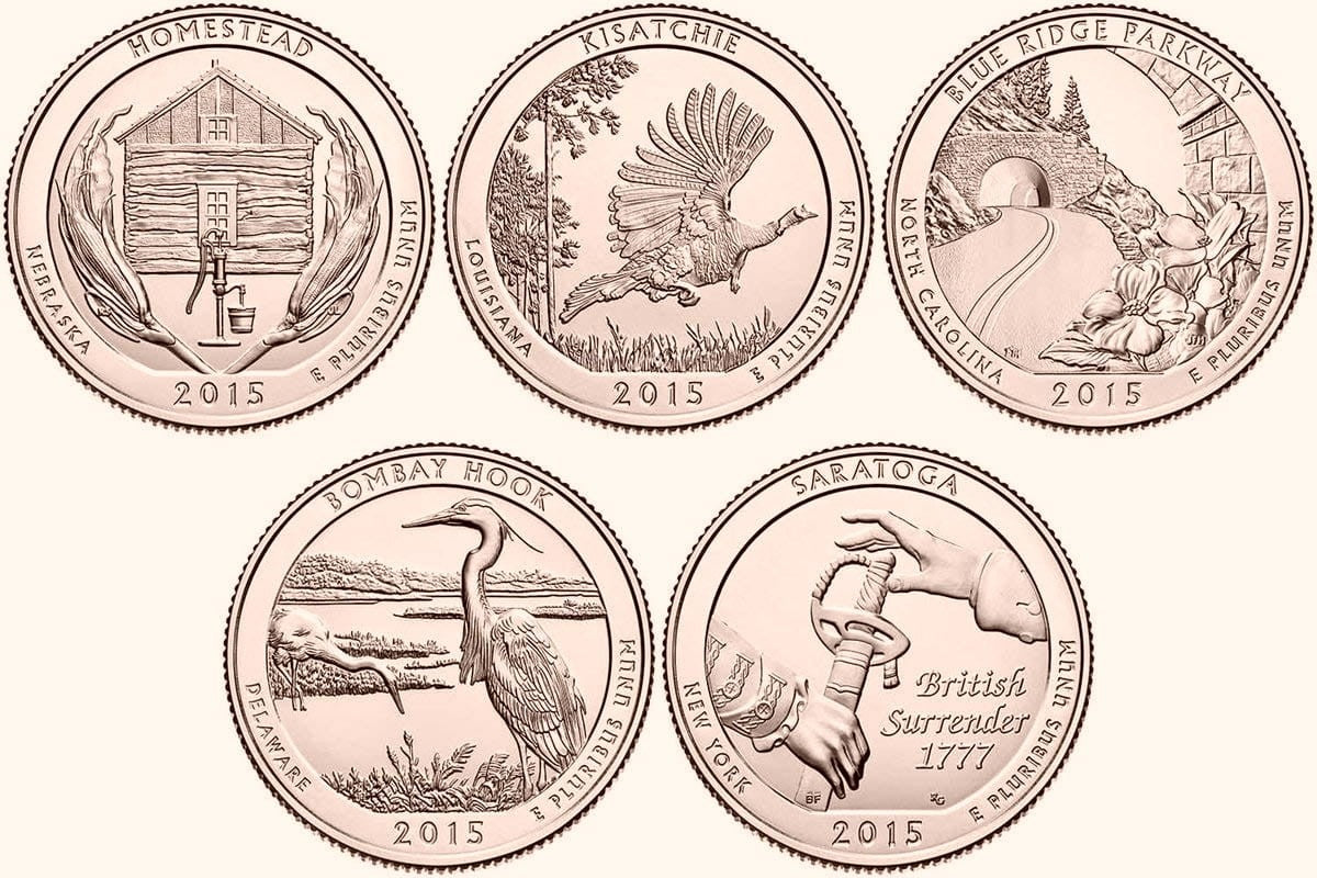 USA 25 c Parki narodowe x5 2015 platerowane złotem
