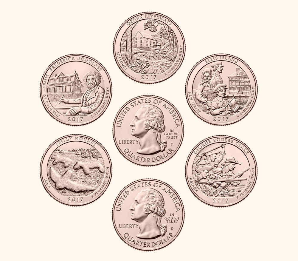 USA 25 c Parki narodowe x5 2017 platerowane złotem