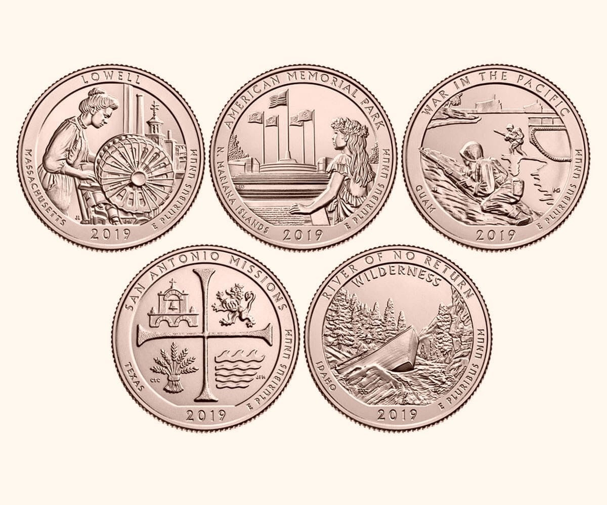 USA 25 c Parki narodowe x5 2019 platerowane złotem