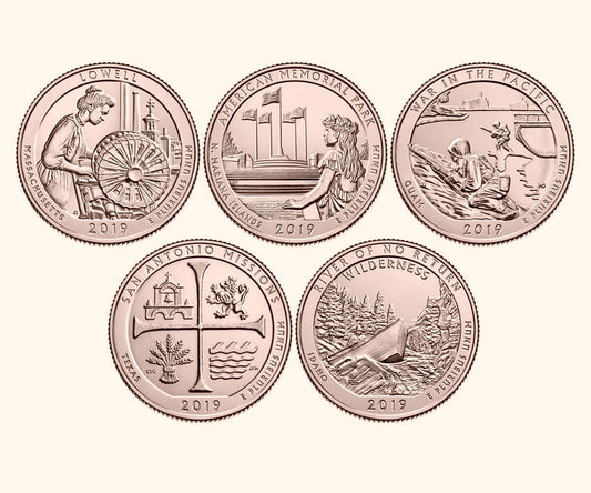 USA 25 c Parki narodowe x5 2019 platerowane złotem