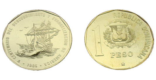 Dominikana 1 peso Żaglowiec 1989 Au