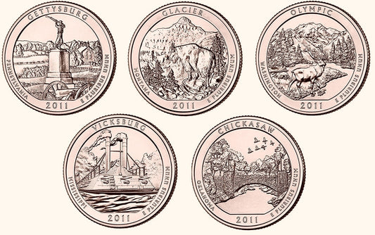 USA 25 c Parki narodowe x5 2011 platerowane złotem