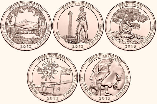 USA 25 c Parki narodowe x5 2013 platerowane złotem