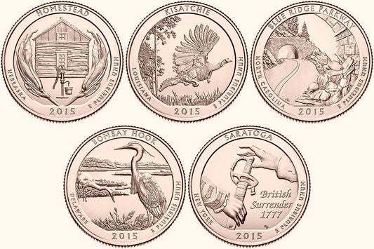 USA 25 c Parki narodowe x5 2015 platerowane złotem