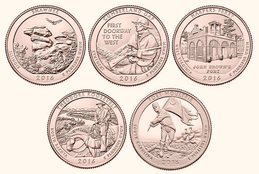 USA 25 c Parki narodowe x5 2016 platerowane złotem