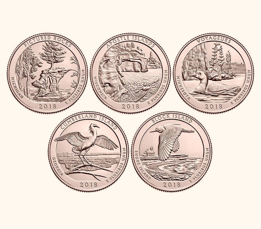 USA 25 c Parki narodowe x5 2018 platerowane złotem